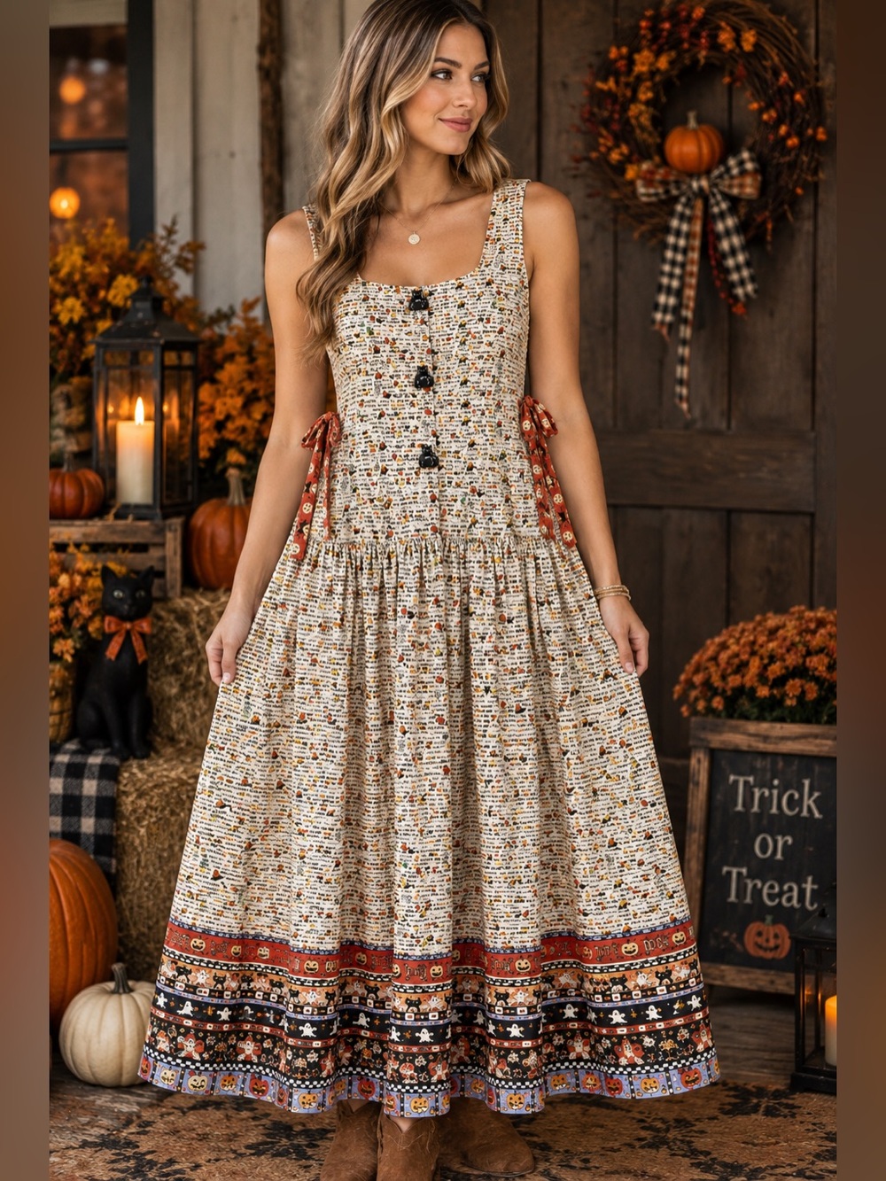 Vintage 1974 Halloween Witch Ghost Pumpkin Dress Handmade Black Cat Buttons